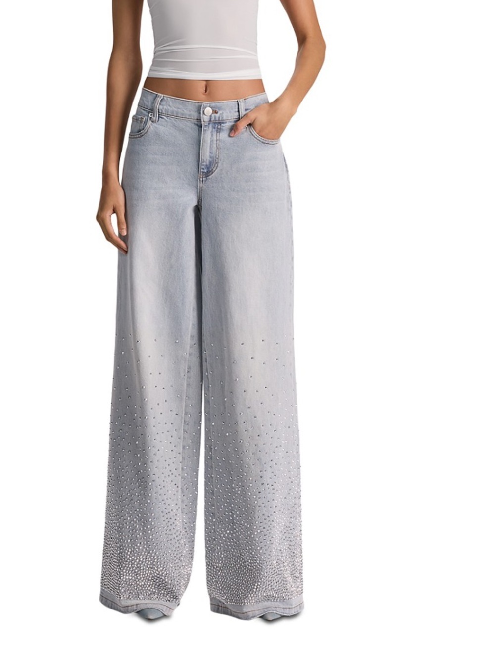 Alice + Olivia Light Blue Wide-Leg Embellished Jeans